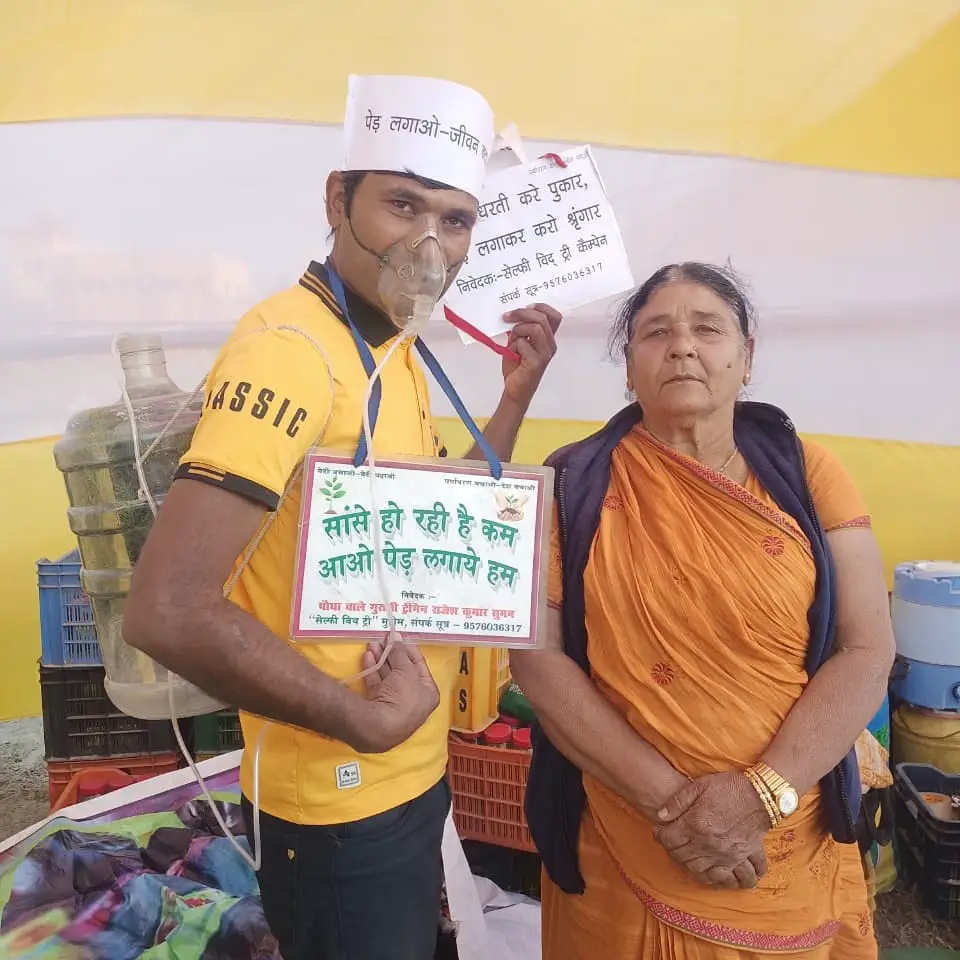 An amazing awareness initiative , wearing an oxygen mask for environmental protection